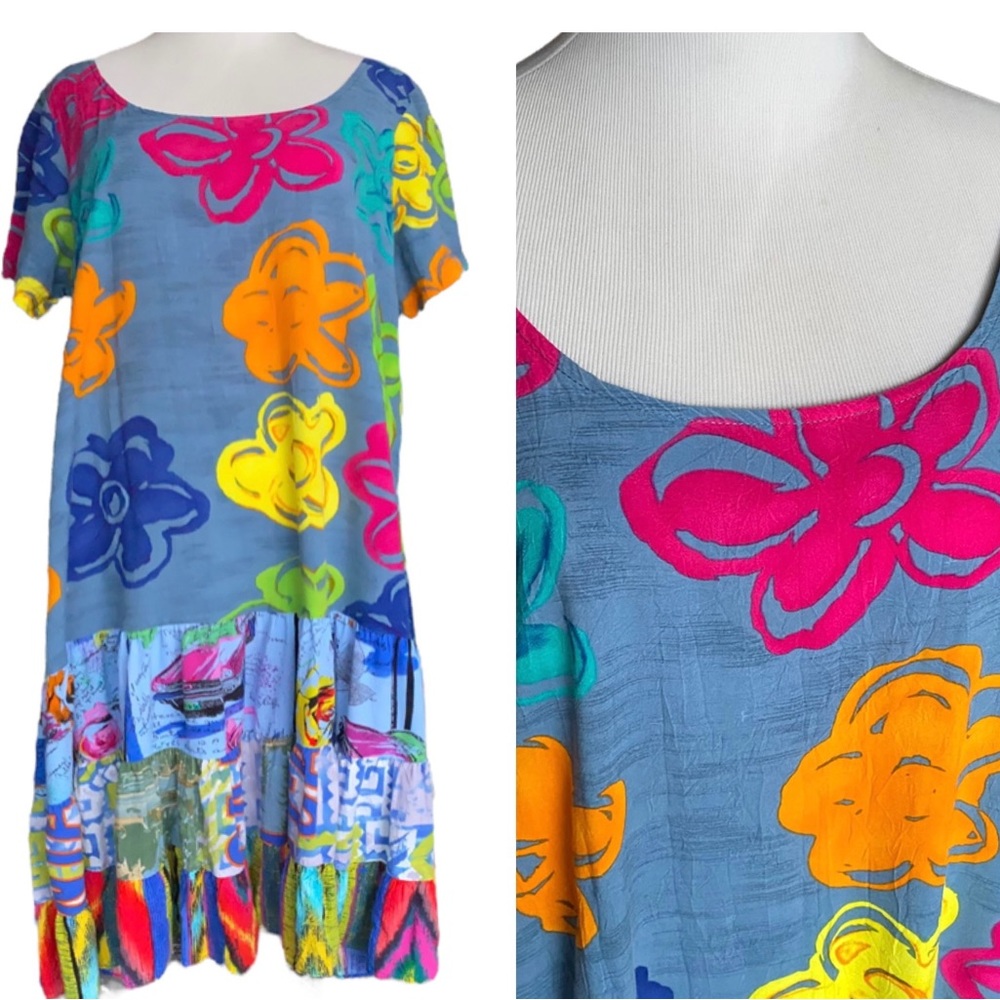 Jams World Vtg Hattie Sun Dress Tiered Floral Midi Colorful Drop Waist Sz Large